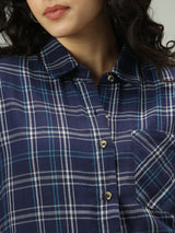 Women's Navy Casual Oversized Fit Checked Shirt