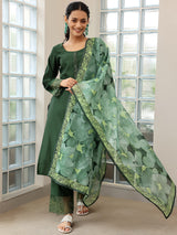 Women's Dark Green Panelled Kurta With and Trouser With Embroidered Hem & Dupatta
