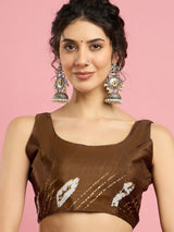 Women's Crepe Brown Printed Designer Saree with Blouse Piece
