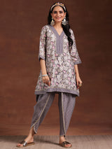 Women's Grey Floral Printed A-line Short Kurta With Printed Dhoti Pants