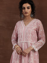 Women's Pink Motif Embroidered Panelled Kurta With Palazzo With Solid Dupatta
