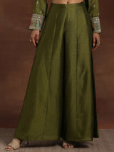 Women's Olive Ethnic Motif Zari Embellished Short Kurta With Palazzos and Dupatta