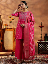 Women's Dark Pink Motif Woven Design Short Kurta With Solid Wide Leg Palazzo and Dupatta