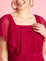 Women's Red Chiffon Gathe Or Pleated Fit & Flare Party Dress