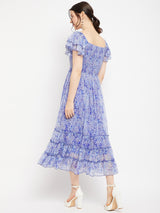 Women's Blue Square Neck Abstract Printed Tie Embellished Chiffon Fit & Flare Midi Dress