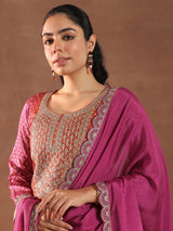Women's Pink Bandhani Printed Straight Kurta With Trouser and Silk Chiffon Dupatta