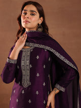 Women's Purple Ethnic Motif Embroidered Straight Kurta with Solid Trouser and Embellished Dupatta
