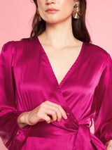 Women's Pink Puff Sleeve Laye Satin Wrap Midi Opaque Party Dress