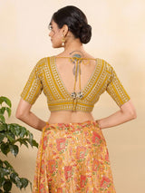 Women's Yellow Jain Silk Padded Back Open Elbow Sleeves Saree Blouse