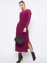 Women's Plum Casual Full Sleeve Swarovski Detailed Solid Round Neck Knitted Maxi Dress