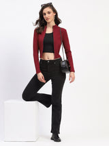Women's Wine Casual Full Sleeve Ribbed Mock Neck Zipped Bodycon Top