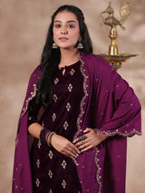 Women's Ethnic Velvet Purple Straight Kurta Set with Dupatta
