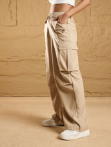 Women's Beige Casual Solid Straight Fit Cargos