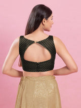 Women's Black Brocade Padded Back Open Sleeveless Saree Blouse