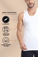 Men's White Sport Regular Fit Ultra Soft Wider Straps Solid Vest - Pack of 2