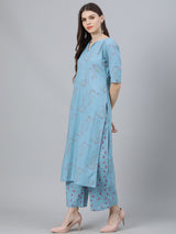 Women's Blue Cotton Printed Kurta with Blue Cotton Printed Palazzo with Blue Chiffon Solid Dupatta