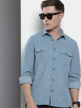 Men's Blue Casual Regular Fit Solid Full Sleeves Shirt