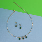 Women's Charming Oval Shape Green Crystal Gold Plated Matinee Necklace Set(Mala)