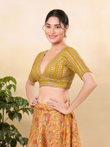 Women's Yellow Jain Silk Padded Back Open Elbow Sleeves Saree Blouse