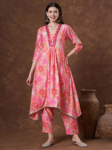 Women's Pink Abstract Floral Printed & Embroidered A-Line Co-ord Set