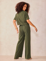 Women's Olive Crop Shirt and Wide Leg Pant Coord Set
