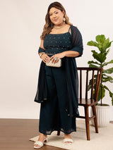 Women's Navy Plus Size Embellished Crop Top & Palazzo