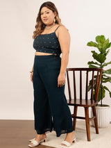 Women's Navy Plus Size Embellished Crop Top & Palazzo