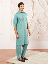 Men's Green Satin Traditional Pathani Khan Suit Set