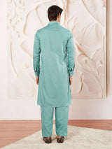 Men's Green Satin Traditional Pathani Khan Suit Set