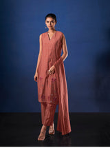 Women's Red Work Regular Fit Embroidered Sleevless Co-Ord Sets