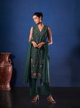 Women's Green Work Regular Fit Embroidered Sleevless Co-Ord Sets