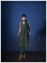 Women's Green Work Regular Fit Embroidered Sleevless Co-Ord Sets