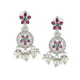 Women's Rhodium Plated CZ Flower Designer Bridal Earrings with Pearls
