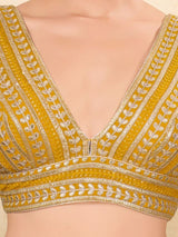 Women's Yellow Jain Silk Padded Back Open Elbow Sleeves Saree Blouse