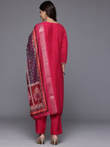 Women's Pink Round Neck Embroidered Kurta Paired With Tonal Bottom & Printed Dupatta