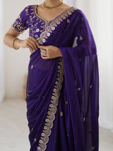 Women's Pure Georgette Purple Embellished Designer Saree With Blouse Piece