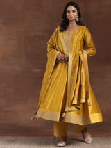 Women's Mustard Zari Embroidered Floral a-line Kurta With Palazzo and Dupatta