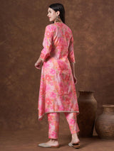Women's Pink Abstract Floral Printed & Embroidered A-Line Co-ord Set