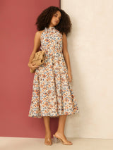 Women's Multicolor Halter Neck Gathered Dress