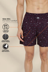 Men's Purple Regular Fit Side Pocket Side Slits Allover Print Boxer Shorts - Pack of 1