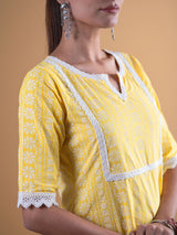 Women's Yellow Cotton Block Printed Straight Kurta