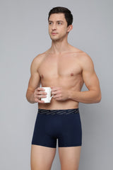Men's Navy Regular Fit 4 Way Stretch 3D Logo Waistband Solid Tactel Trunk - Pack of 1