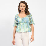 Women's Blue Casual Regular Fit Checked Half Sleeves Top