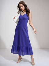 Women's Blue Ethnic Self-Design Regular Fit Sleeveless Dress
