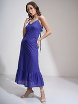 Women's Blue Ethnic Self-Design Regular Fit Sleeveless Dress