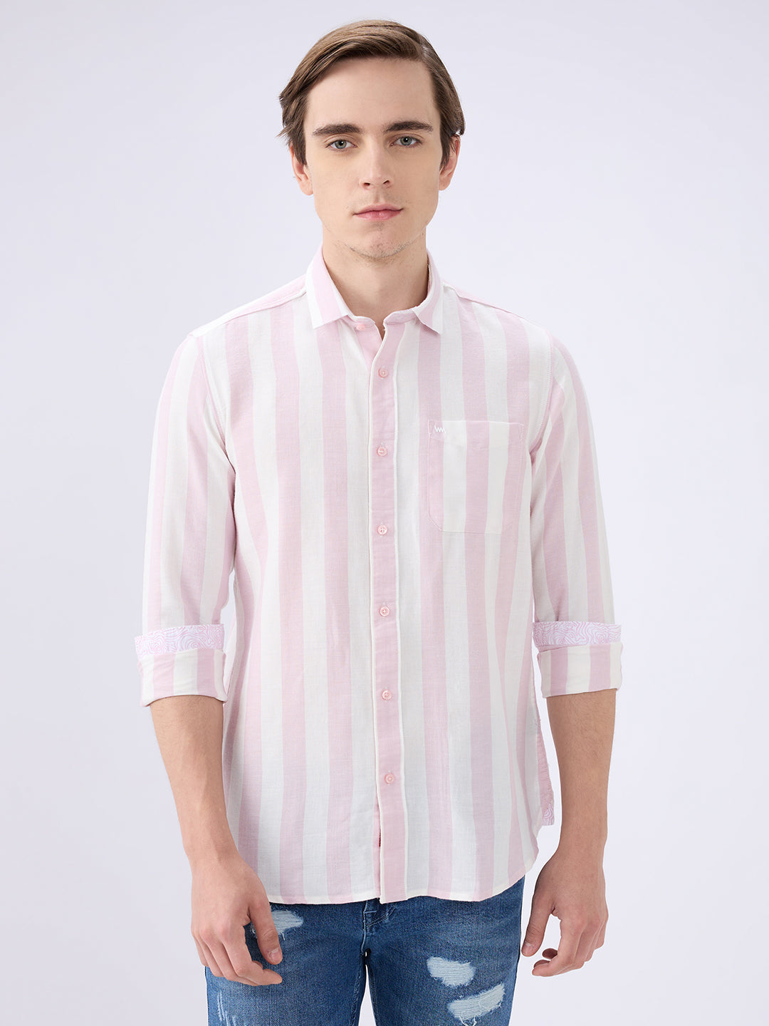 Men's Pink Cotton Blended Striped Slim Fit Full Sleeves Casual Shirt