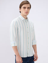 Men's White Cotton Blend Striped Slim Fit Full Sleeves Casual Shirt