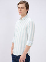 Men's White Cotton Blend Striped Slim Fit Full Sleeves Casual Shirt