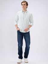 Men's White Cotton Blend Striped Slim Fit Full Sleeves Casual Shirt