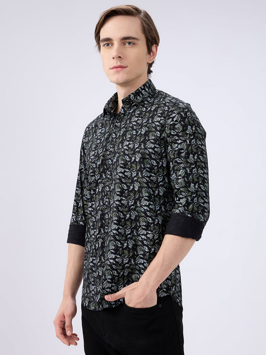 Men's Black Cotton Blended Printed Slim Fit Full Sleeves Casual Shirt